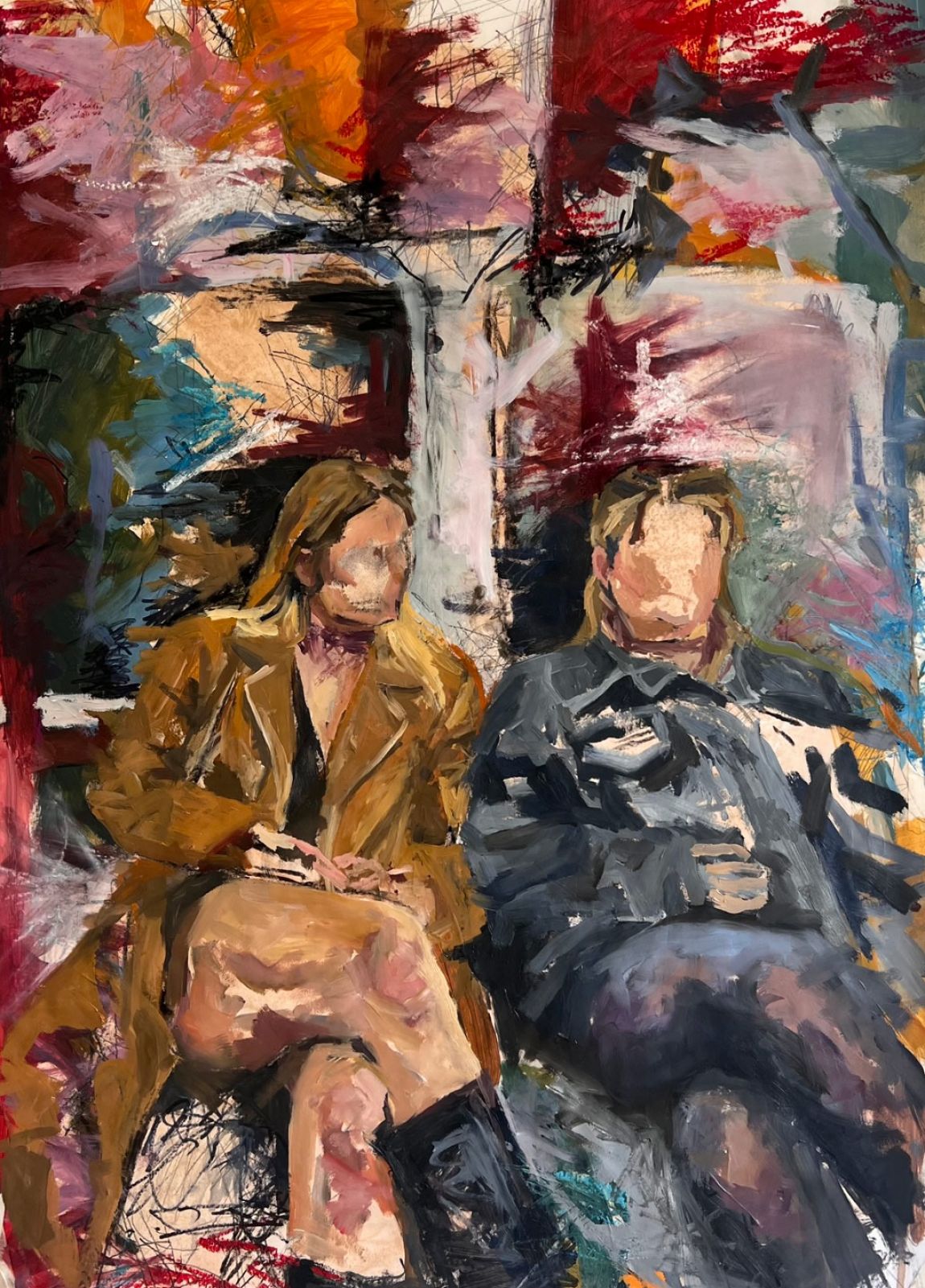 Ava and Cata on the Tube - Acrylic, oil, charcoal and oil pastels on paper