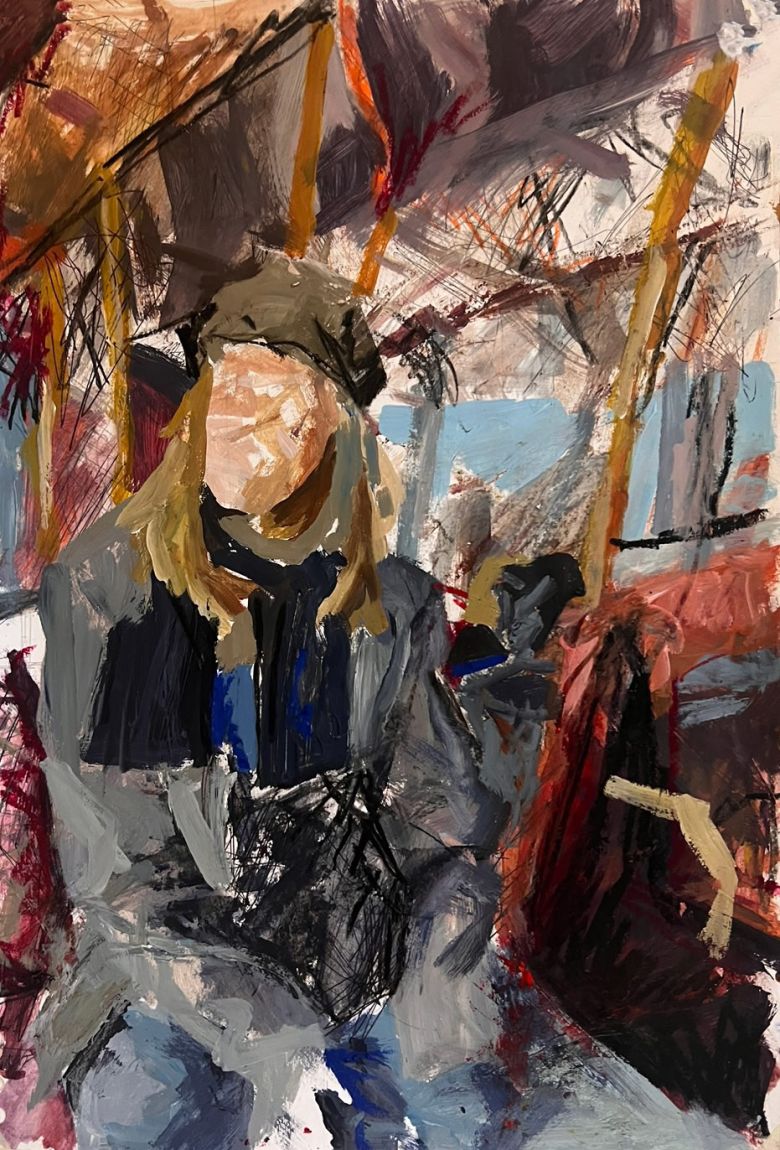 Isla on the Bus - Acrylic, charcoal and oil pastels on paper