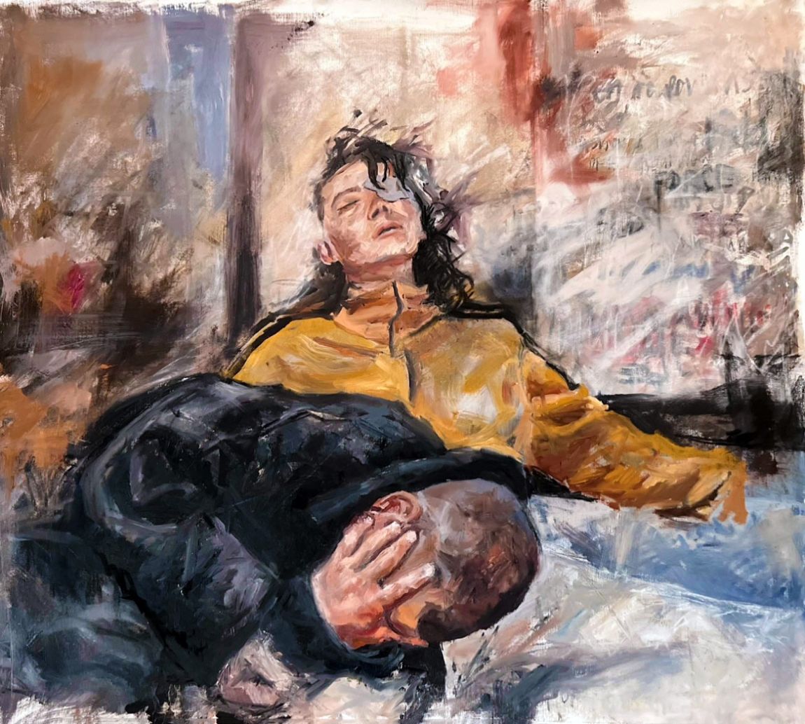 The Lovers on Bridge - Acrylic, oil and charcoal on canvas