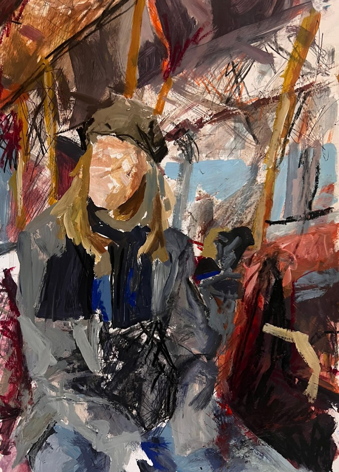 Isla on the Bus - Acrylic, charcoal and oil pastels on paper