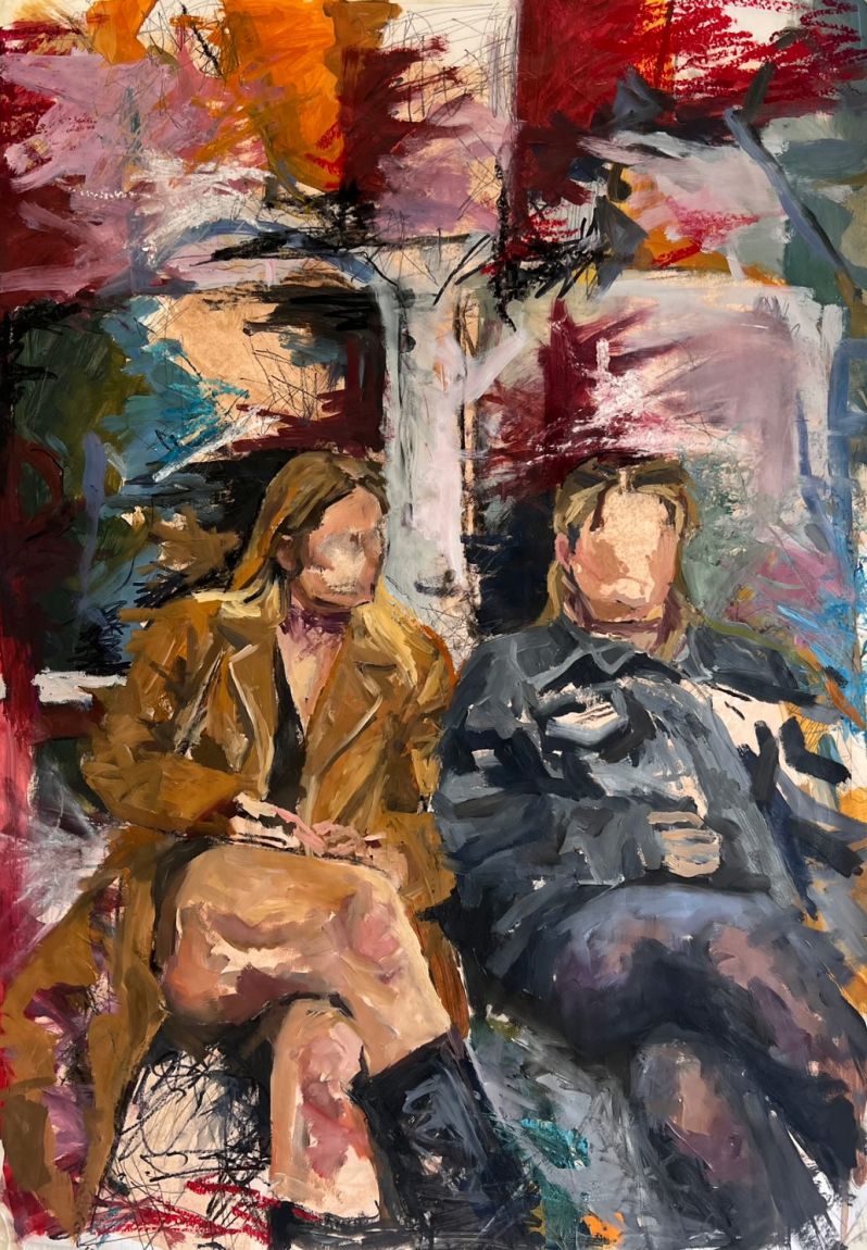 Ava and Cata on the Tube - Acrylic, oil, charcoal and oil pastels on paper